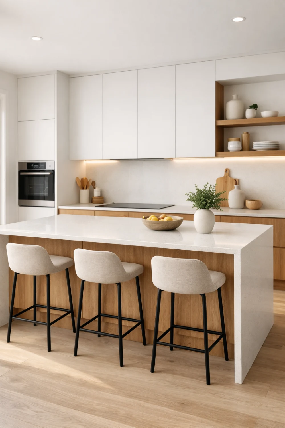 Scandinavian white and wood kitchen with large island, minimalist decor and bright modern interior