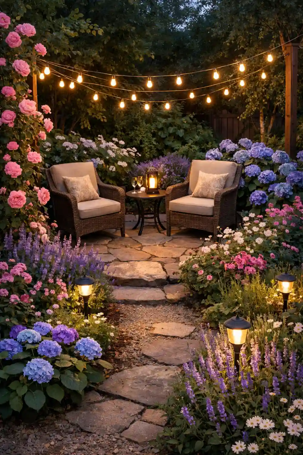 cottage garden evening seating area with string lights roses hydrangeas and stone patio