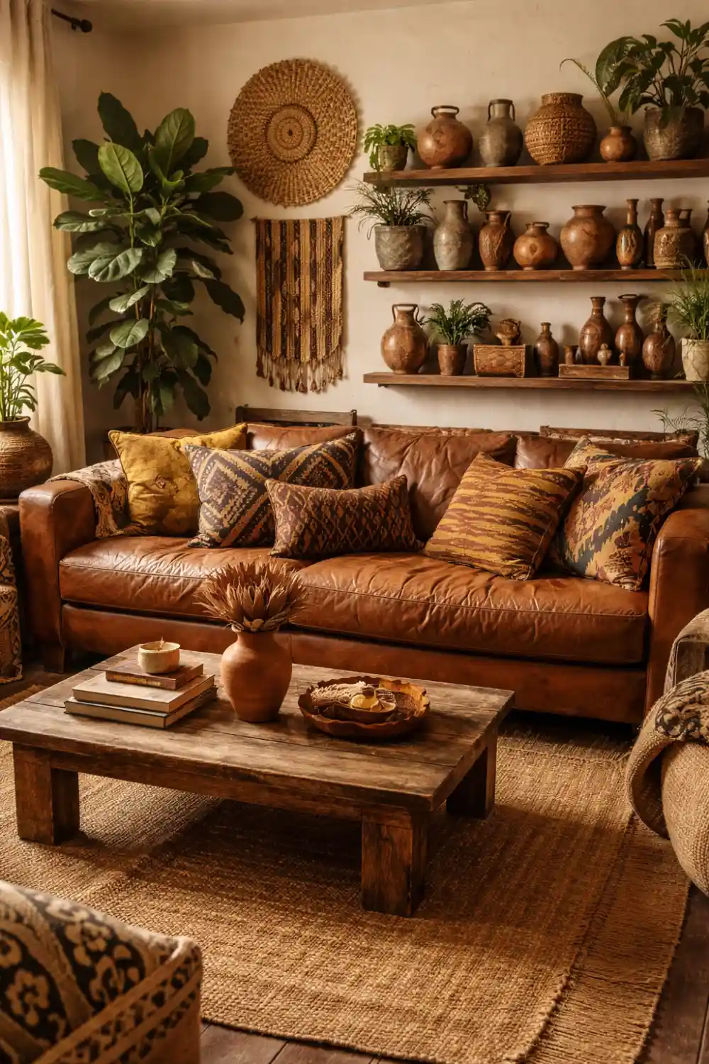 Afrohemian living room with leather sofa, pottery shelf decor and tribal patterned pillows