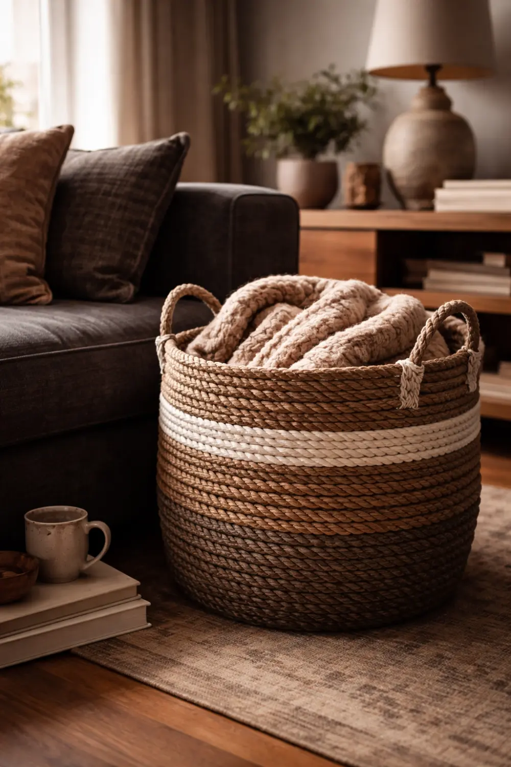 rope basket decor cozy living room blanket storage idea