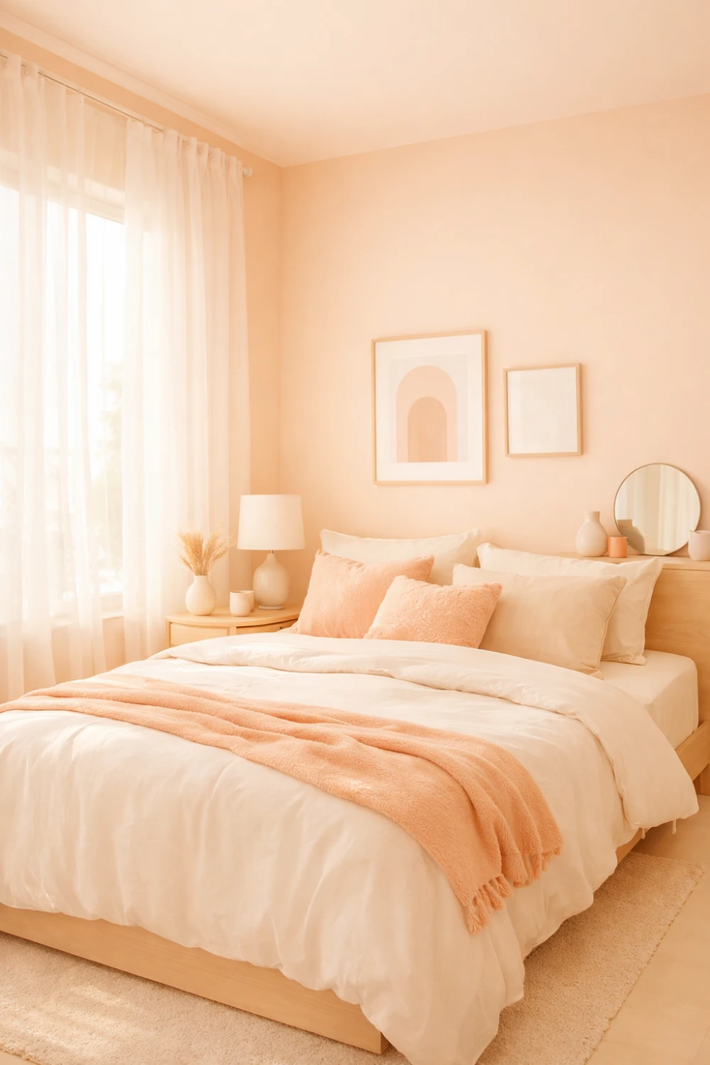 peach color drenched bedroom with warm glow and soft aesthetic decor