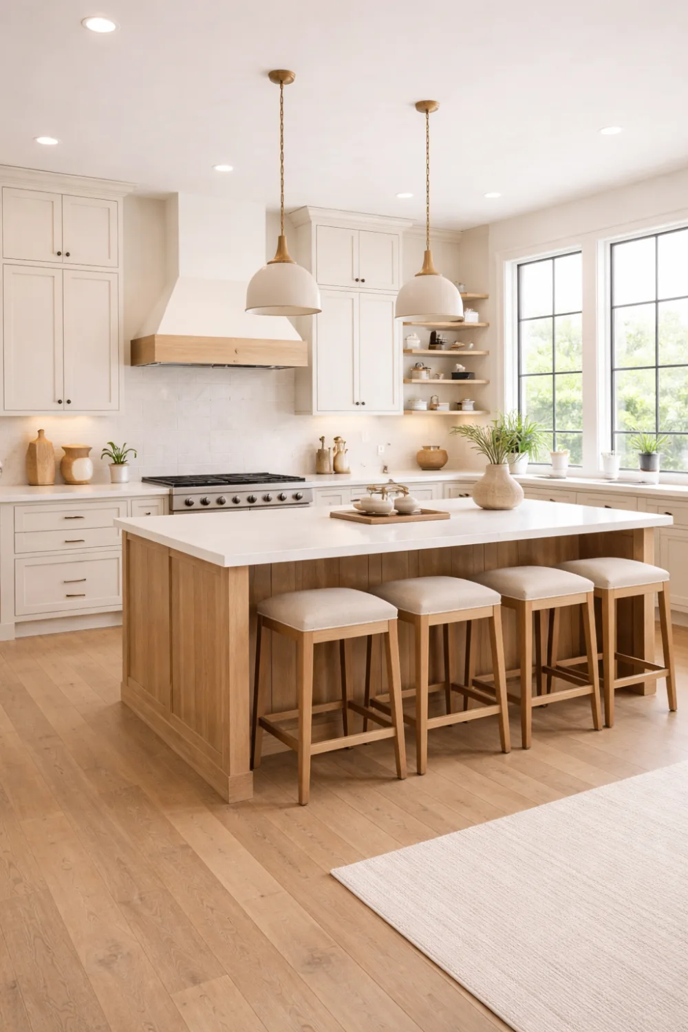neutral farmhouse kitchen clean island wood accents minimal bright design
