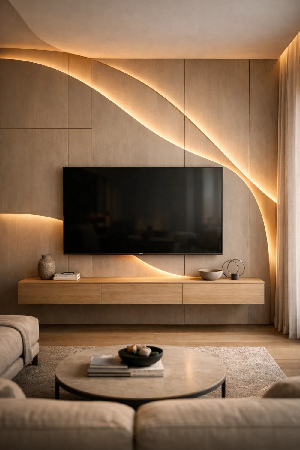 Curved LED accent TV wall with artistic panel design and floating console creating a modern living room centerpiece