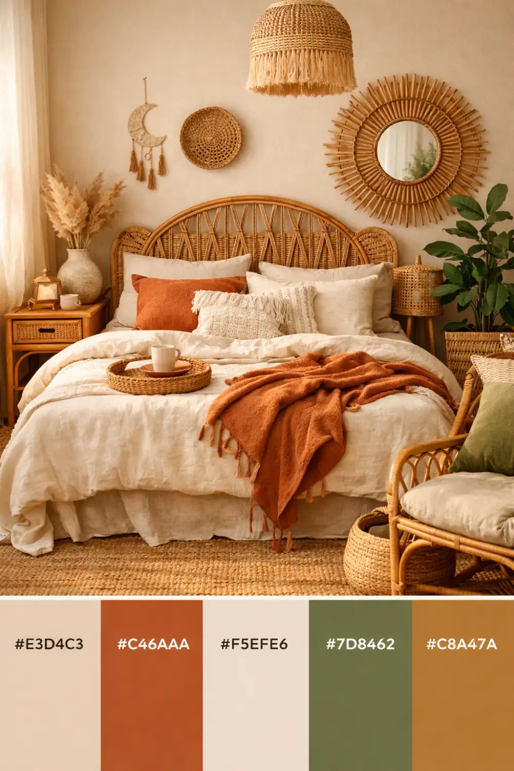 boho bedroom color palette with terracotta beige olive green and rattan decor modern bohemian