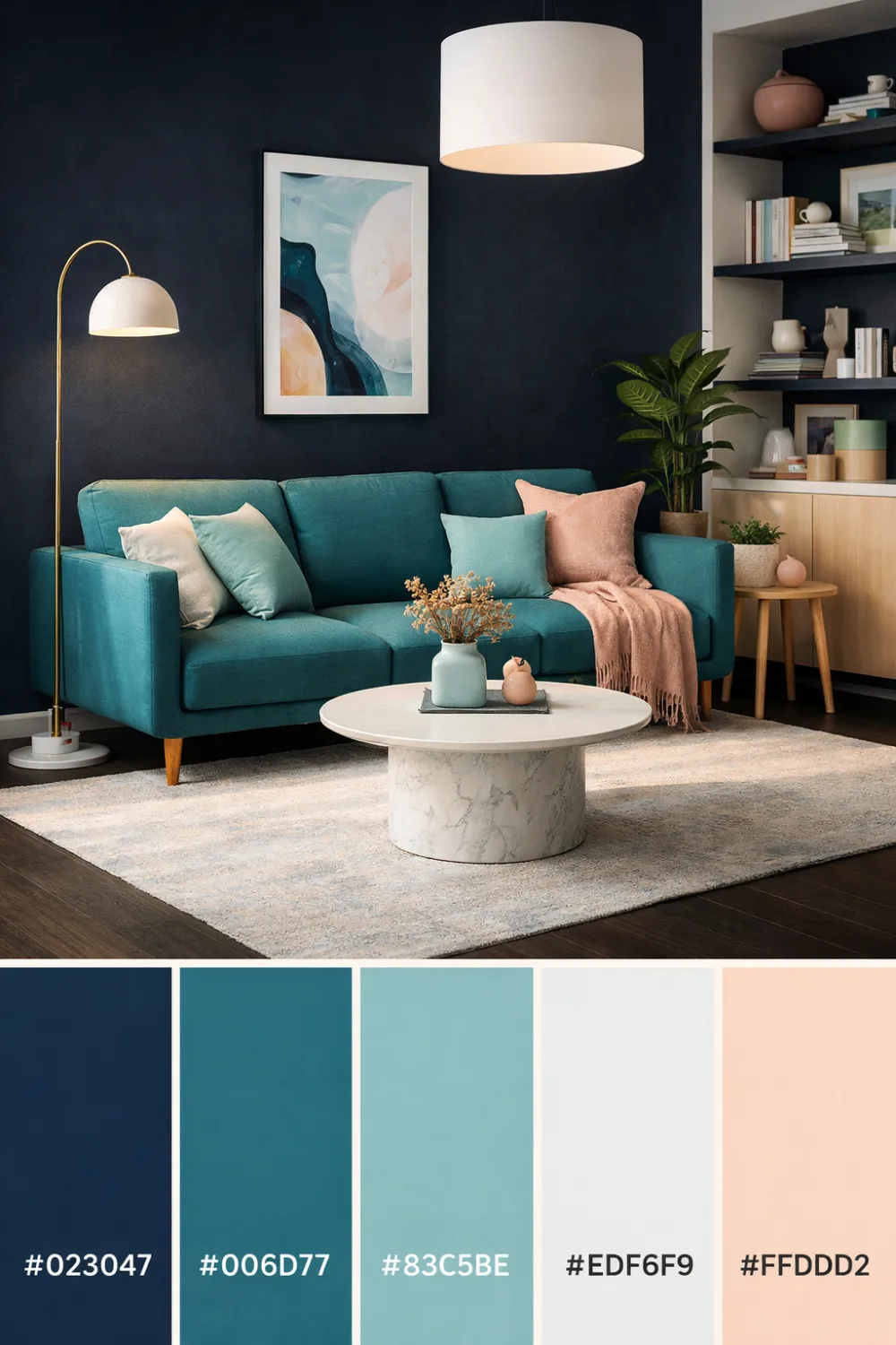 tropical ocean color palette teal navy living room coastal modern decor inspiration
