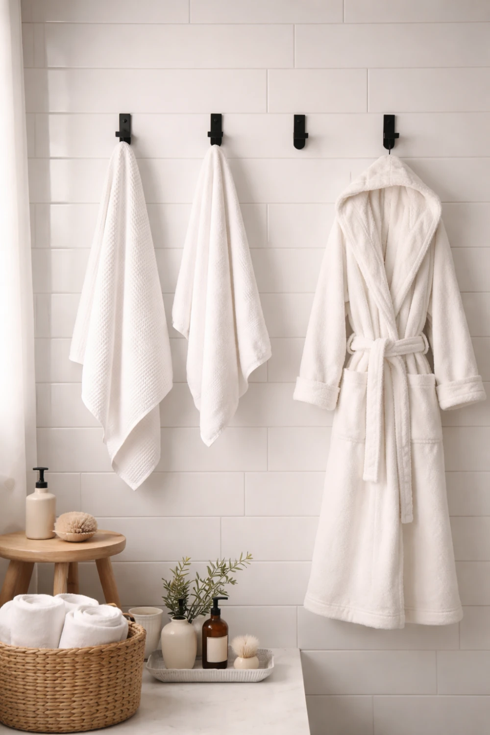 minimalist wall hooks bathroom decor with hanging towels and robe on white tile wall modern bathroom organization