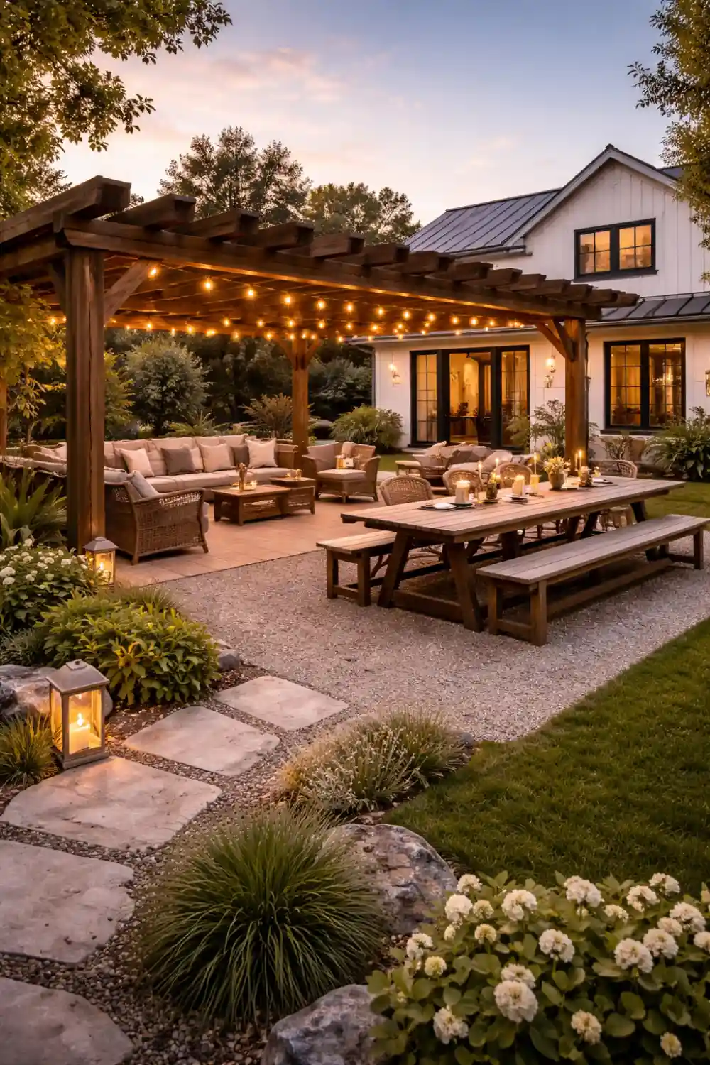 modern farmhouse backyard patio with wooden pergola, rustic dining table and cozy outdoor seating