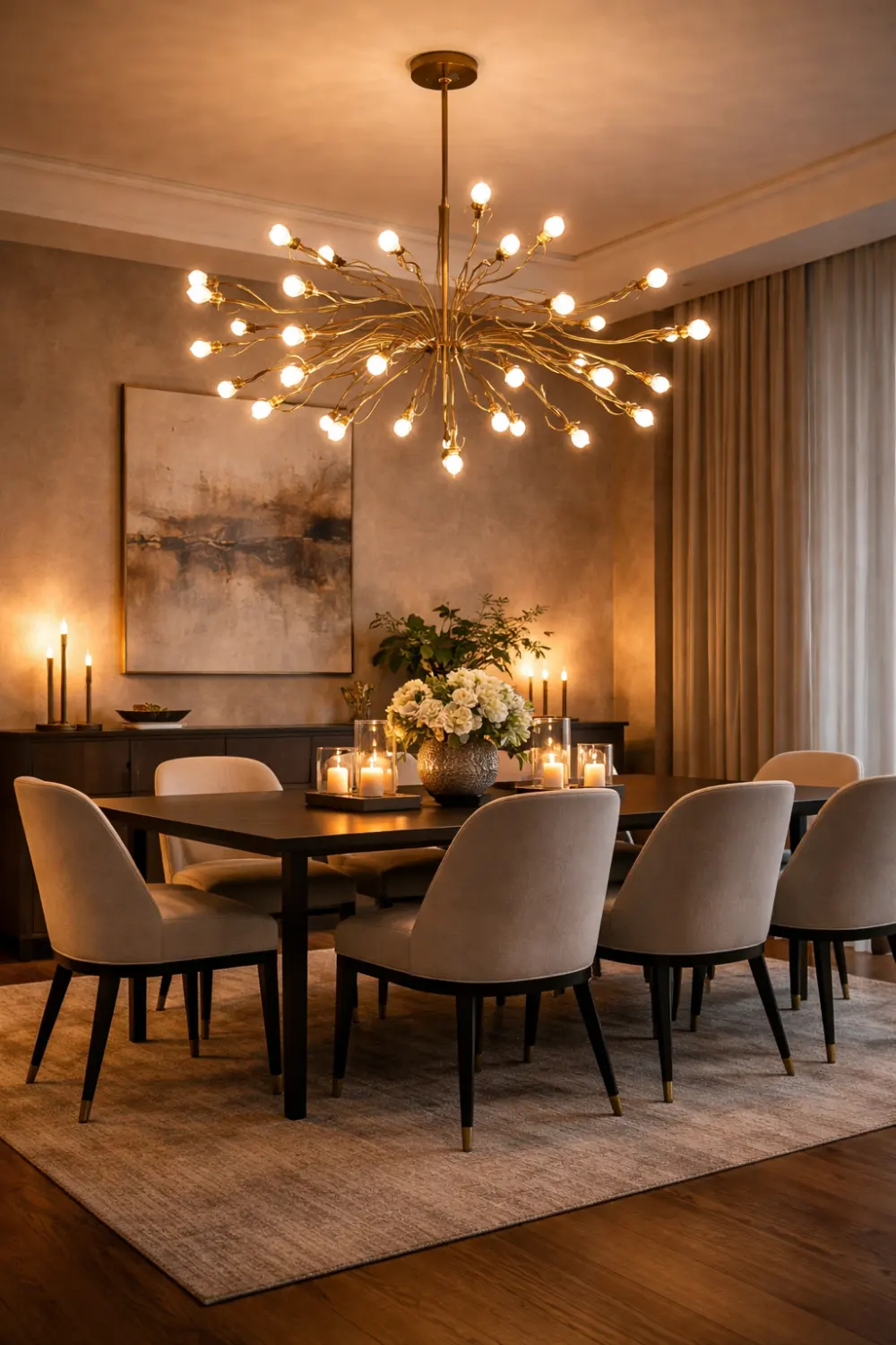 oversized chandelier lighting idea above dining table creating dramatic luxury look