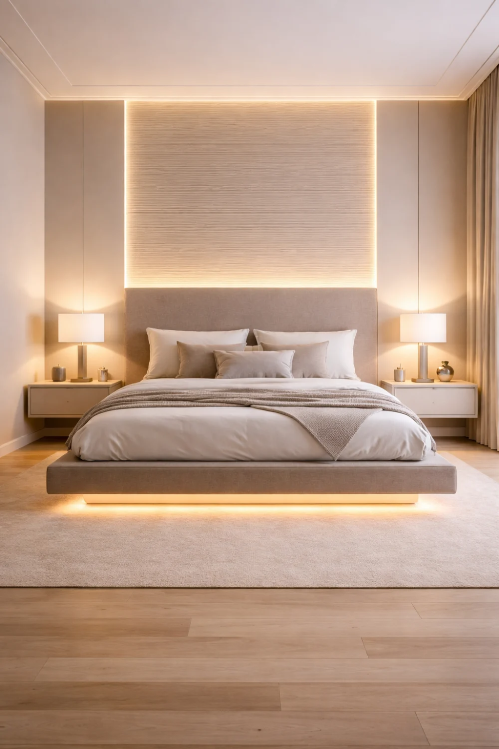 Floating bed LED romantic bedroom idea for couples with modern lighting