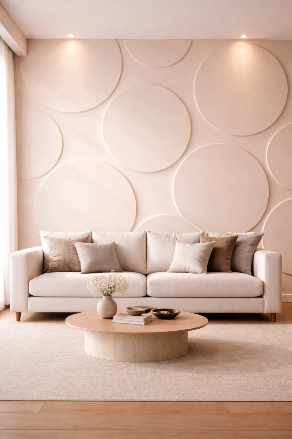 Modern living room with circular relief accent wall behind a neutral sofa, large round wall patterns and minimalist decor styling.