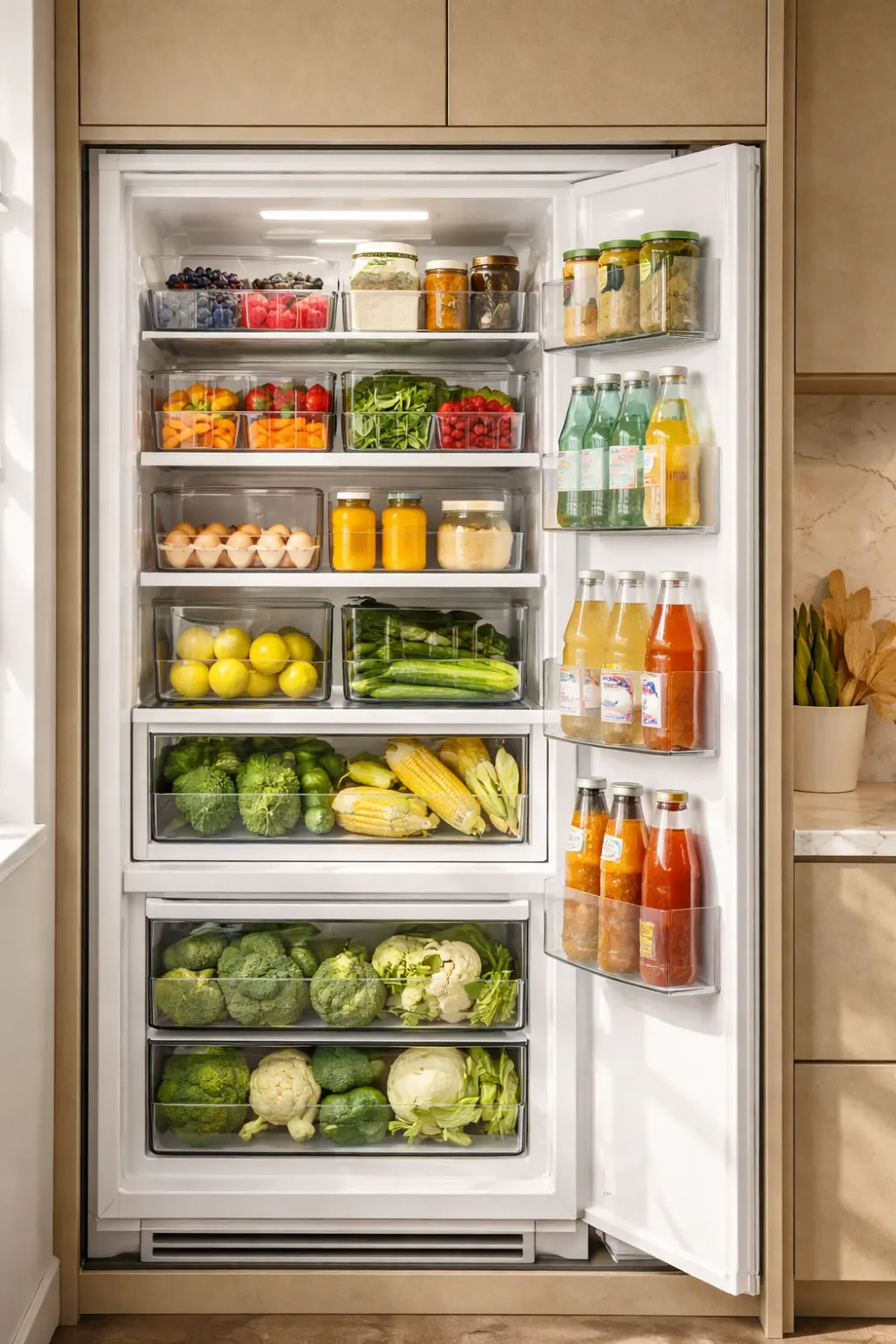 Organized refrigerator with clear storage bins holding fruits, vegetables, drinks, and food containers neatly arranged.