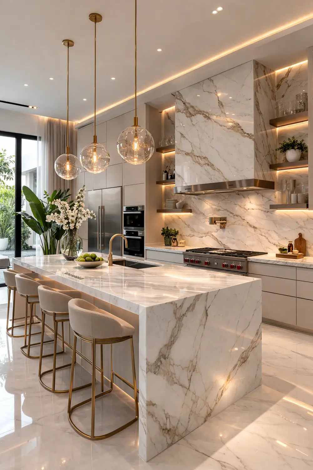 Luxury marble kitchen with waterfall island, glass pendant lights and bright contemporary interior design