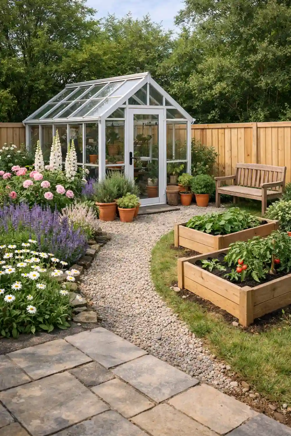 cottage garden with small greenhouse raised beds flowers and gravel path backyard layout