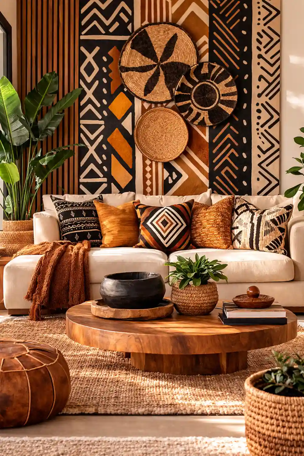 Afrohemian living room with tribal accent wall, geometric patterns and round wooden coffee table