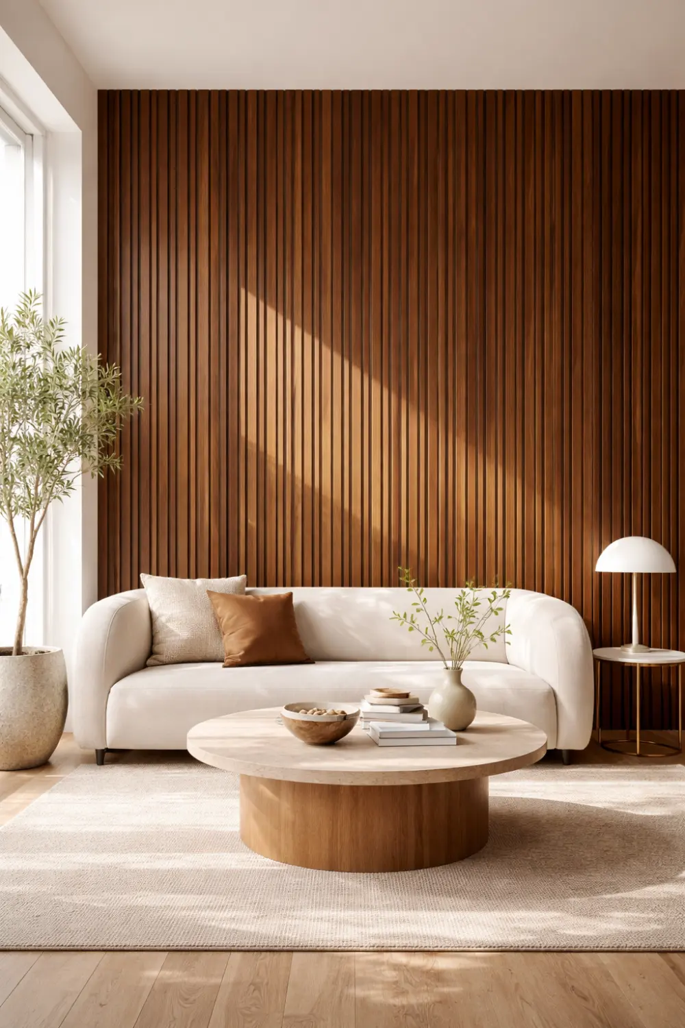 wood slat accent wall modern living room design idea