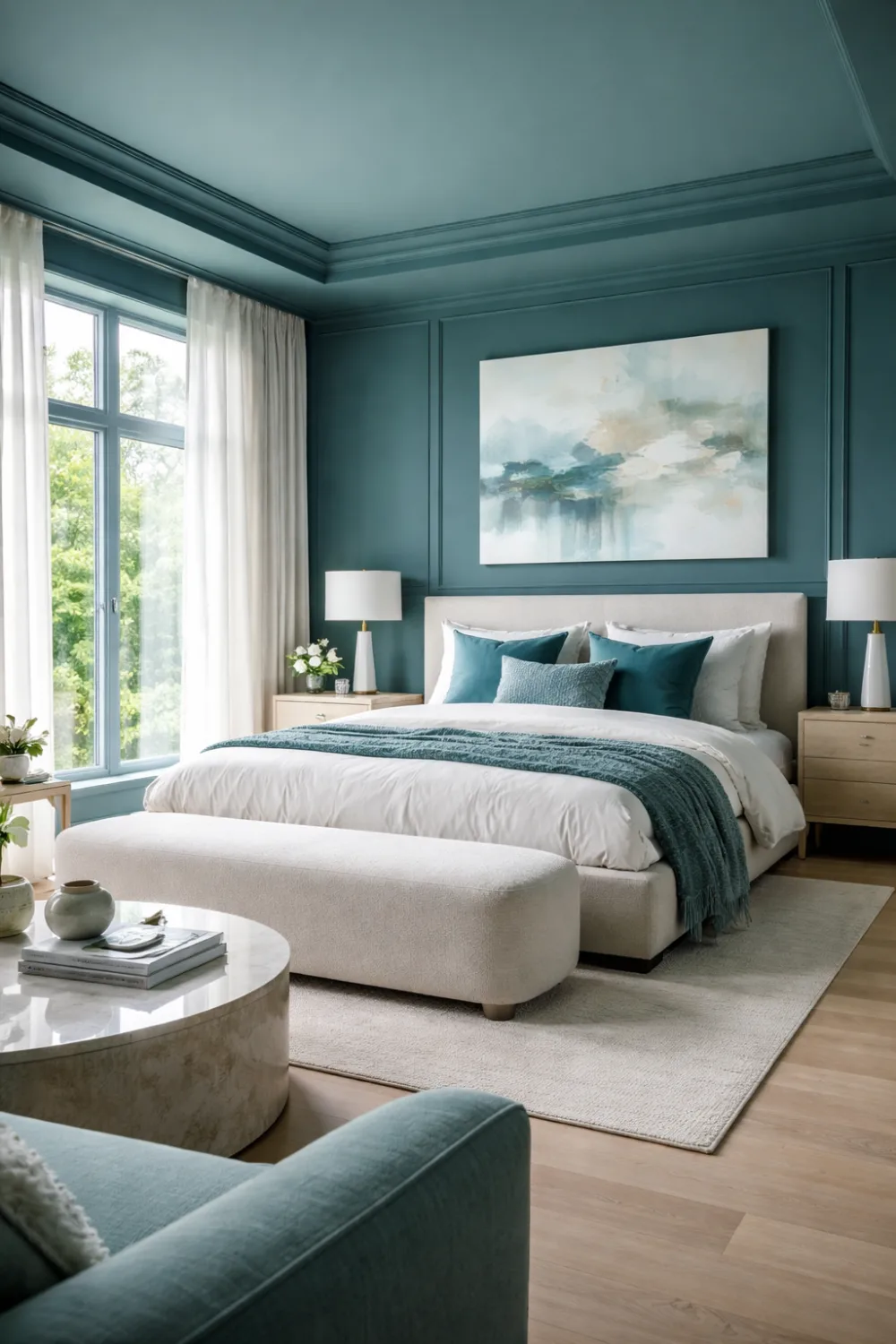 teal color drenched bedroom with bright lighting and modern luxury interior