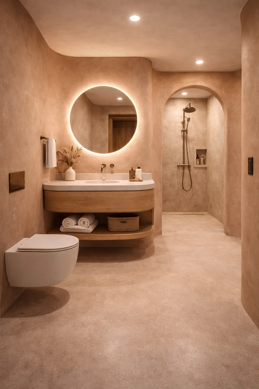 curved bathroom organic design warm tones modern small bathroom spa look
