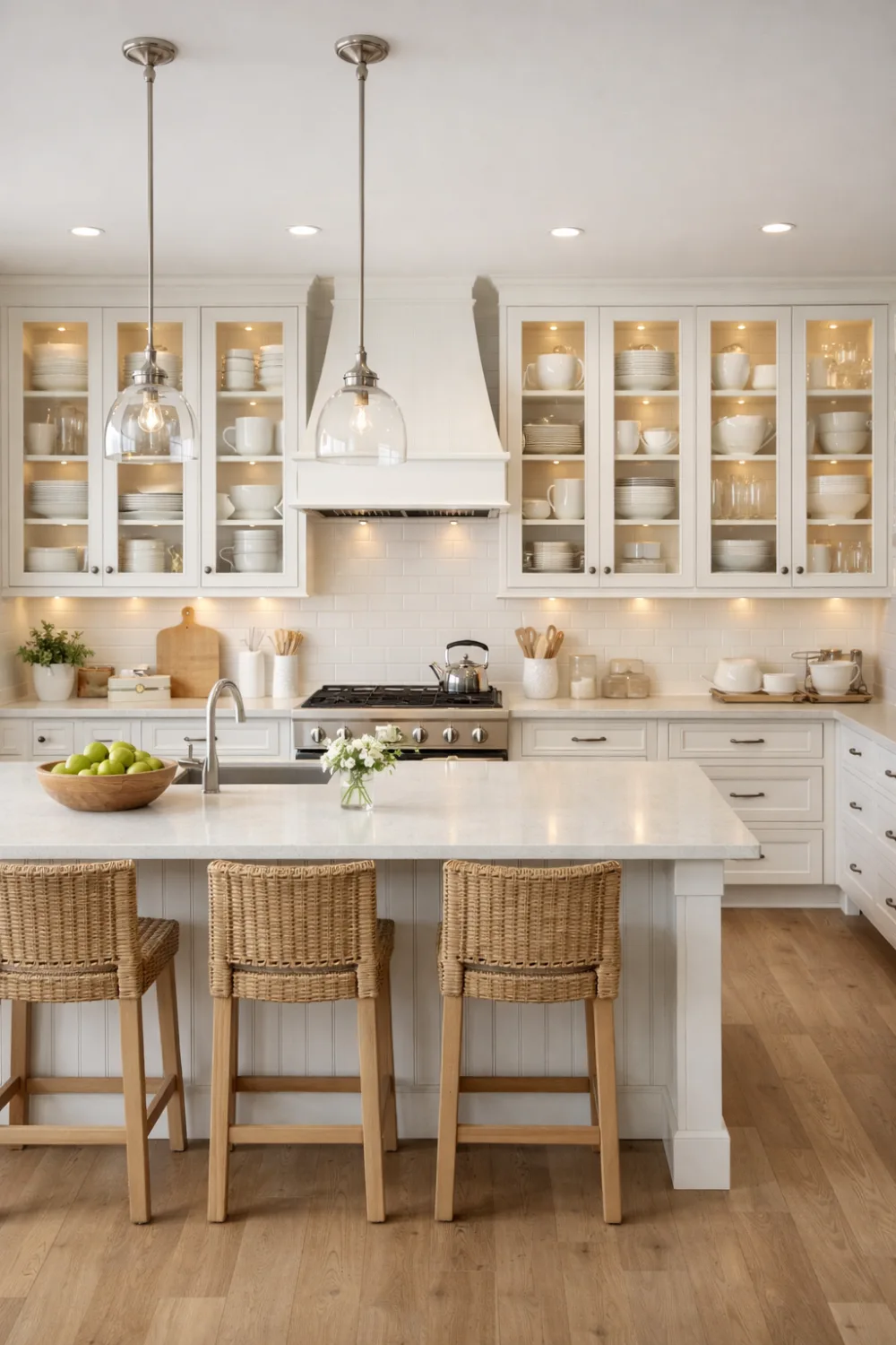 glass cabinet farmhouse kitchen soft lighting white island airy cozy design