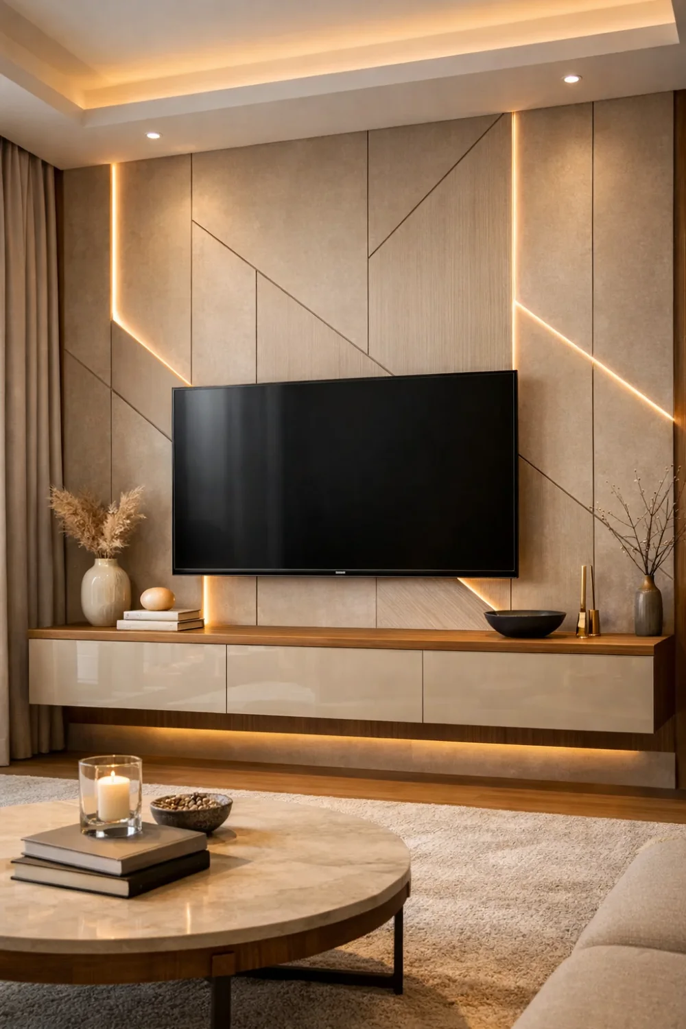 Modern diagonal panel TV wall with LED accent lighting and floating console creating a contemporary living room style