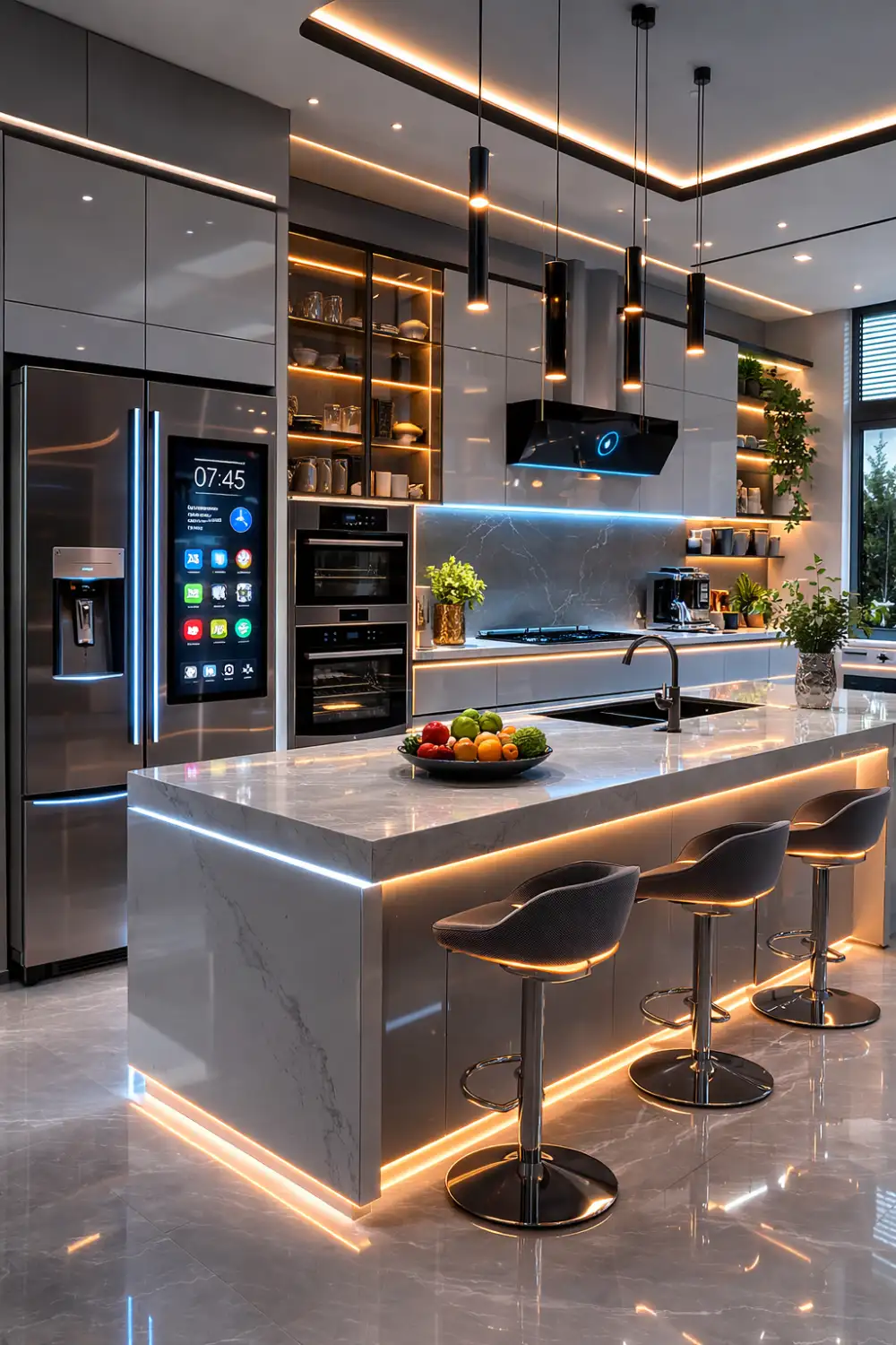 Futuristic smart kitchen with LED lighting, smart refrigerator and high tech modern interior design