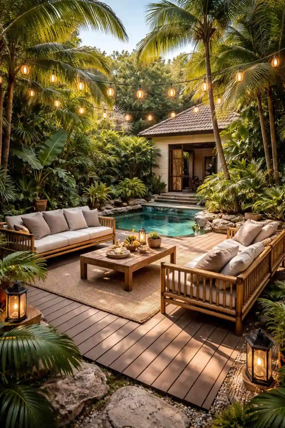 tropical backyard outdoor living space with palm trees, wooden lounge seating and small pool