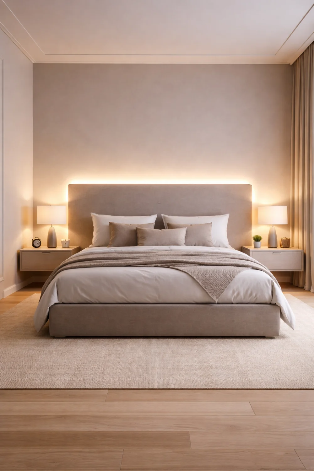 Soft backlit headboard romantic bedroom idea for couples with neutral décor