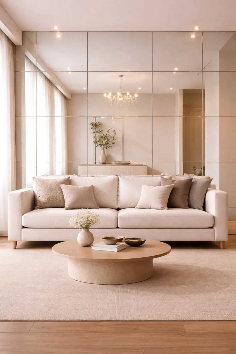 Modern living room with mirror panel accent wall behind a neutral sofa, reflective wall panels creating a bright spacious interior.
