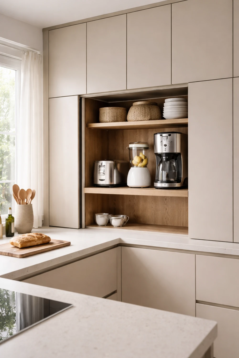 Modern appliance garage cabinet storing toaster, blender, and coffee machine inside a minimalist kitchen cabinet.