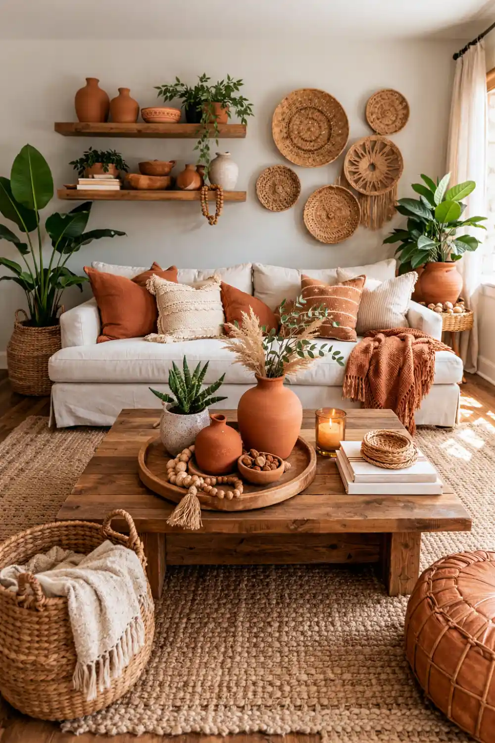 Afrohemian living room with terracotta decor, woven baskets wall art and cozy neutral sofa