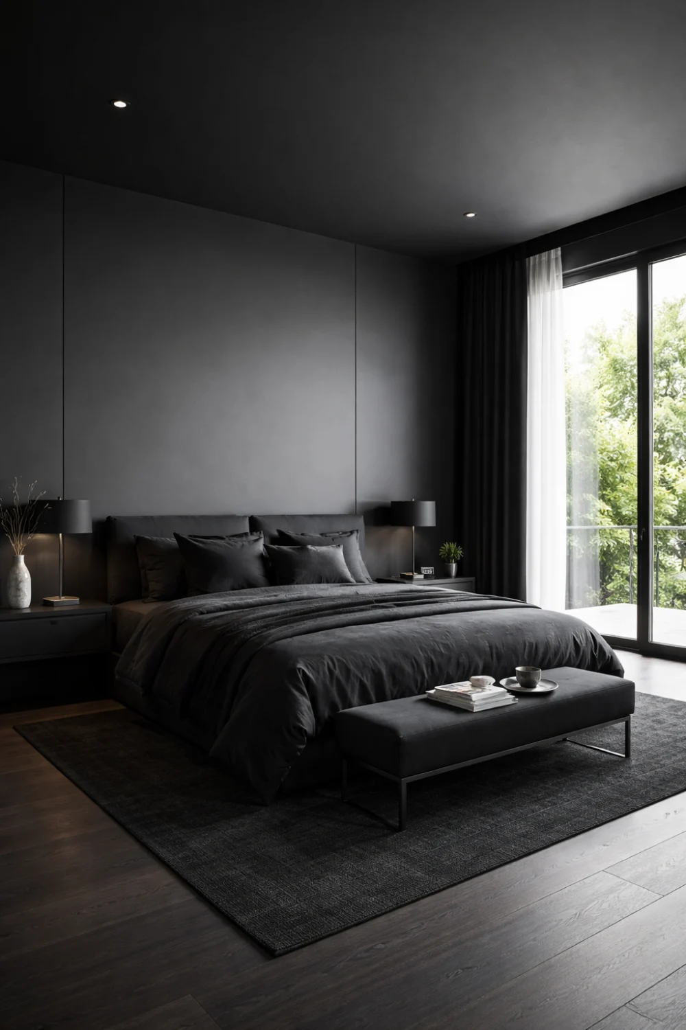 black color drenched bedroom with modern minimal luxury and natural light