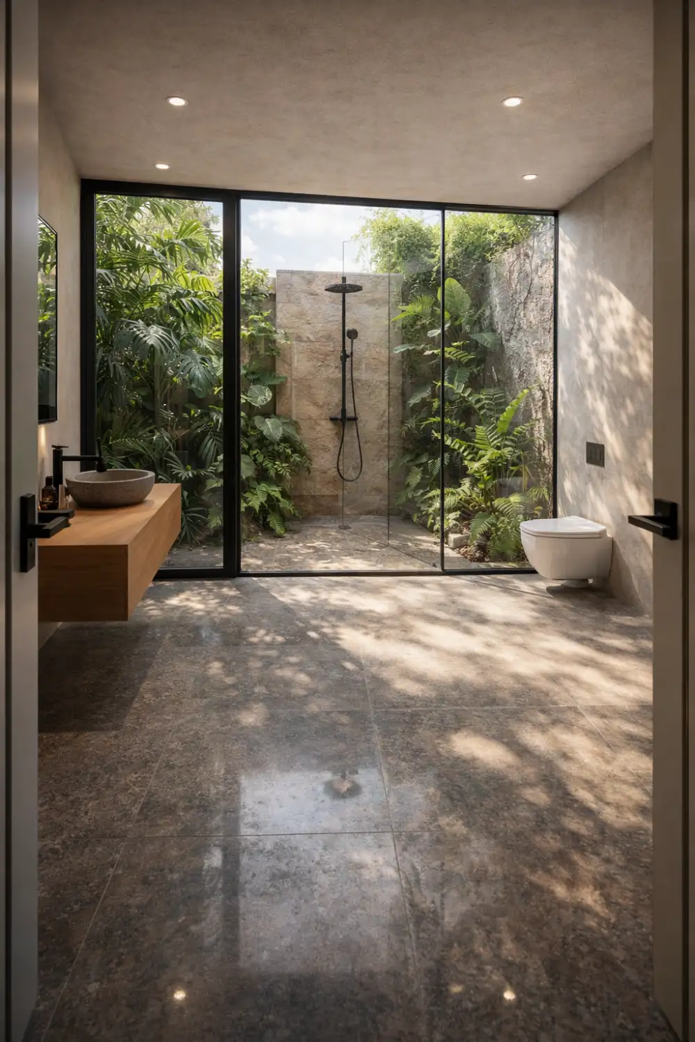indoor outdoor bathroom glass wall plants modern small bathroom design
