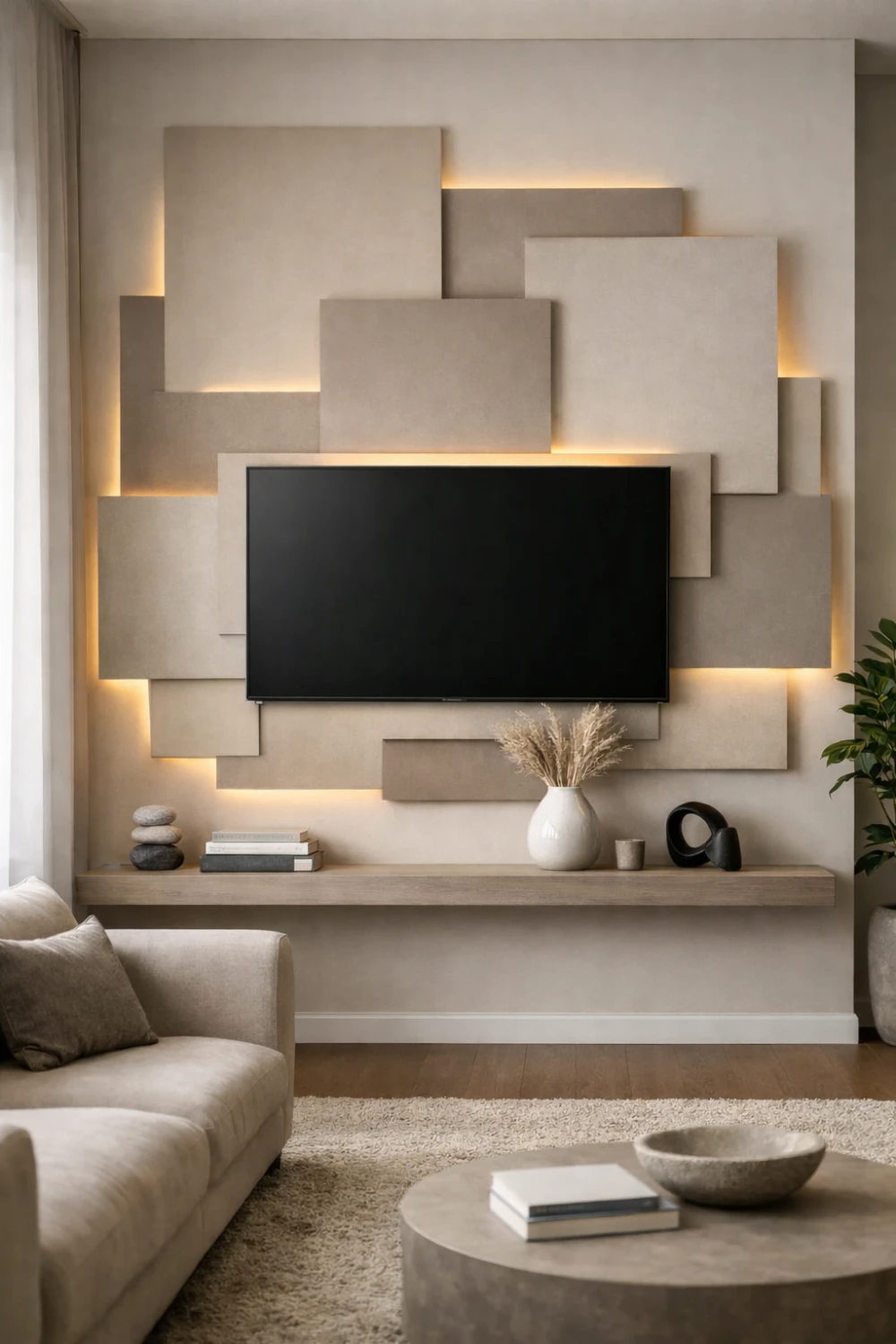 Layered square panel TV wall with warm LED lighting creating a textured modern living room feature wall design