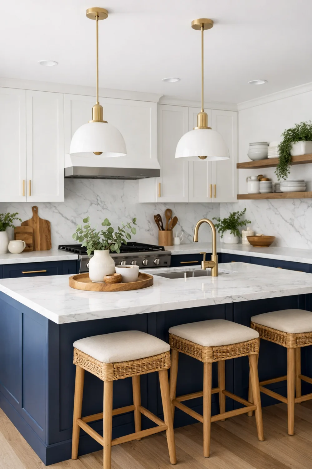 White and navy modern kitchen with marble countertops, gold fixtures and stylish island seating