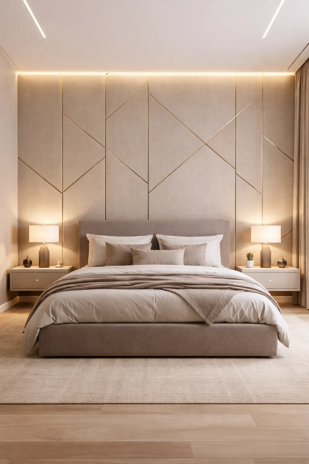 Geometric accent wall romantic bedroom idea for couples with modern lighting