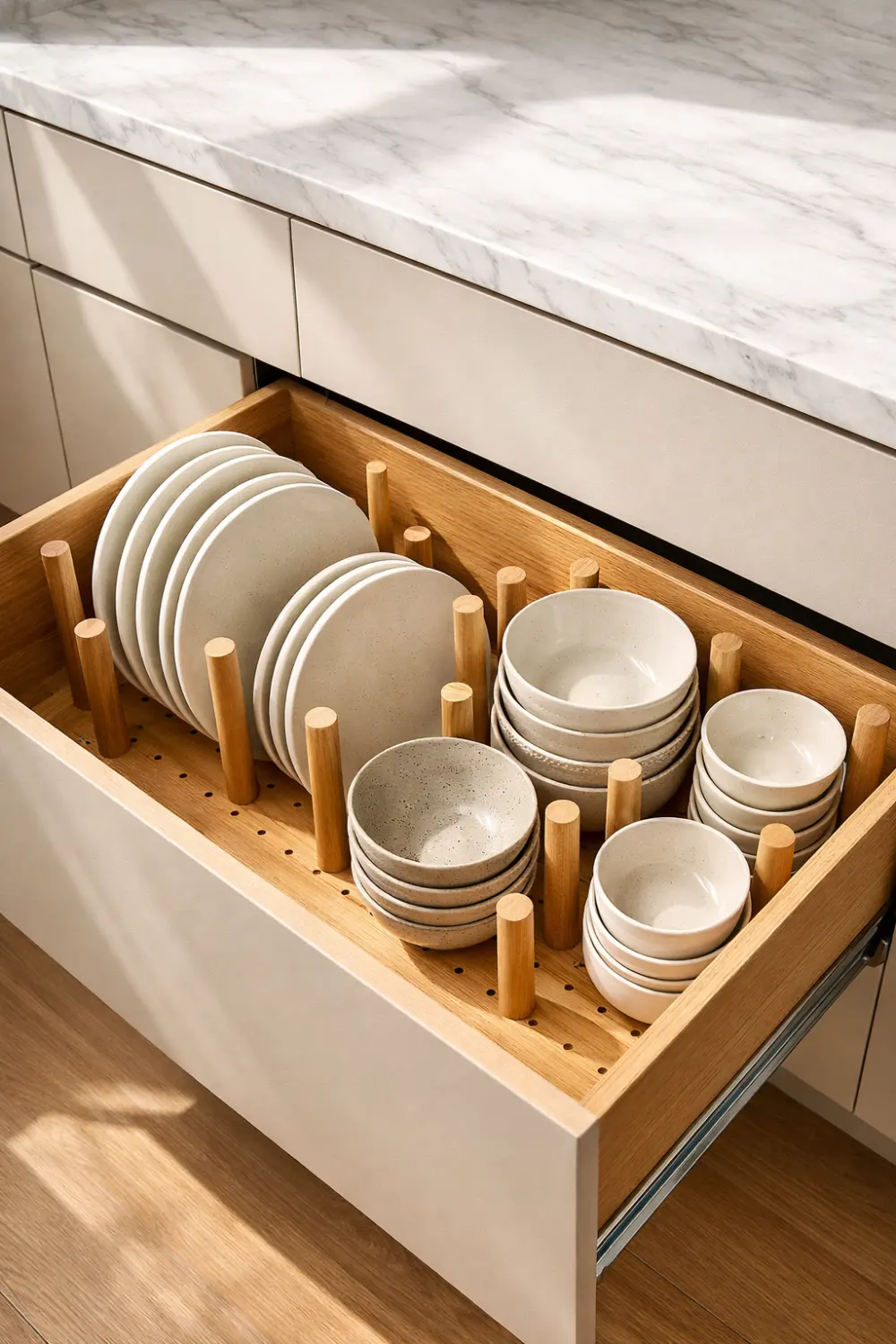 Wooden peg system drawer organizer storing plates and bowls neatly inside a modern kitchen cabinet.