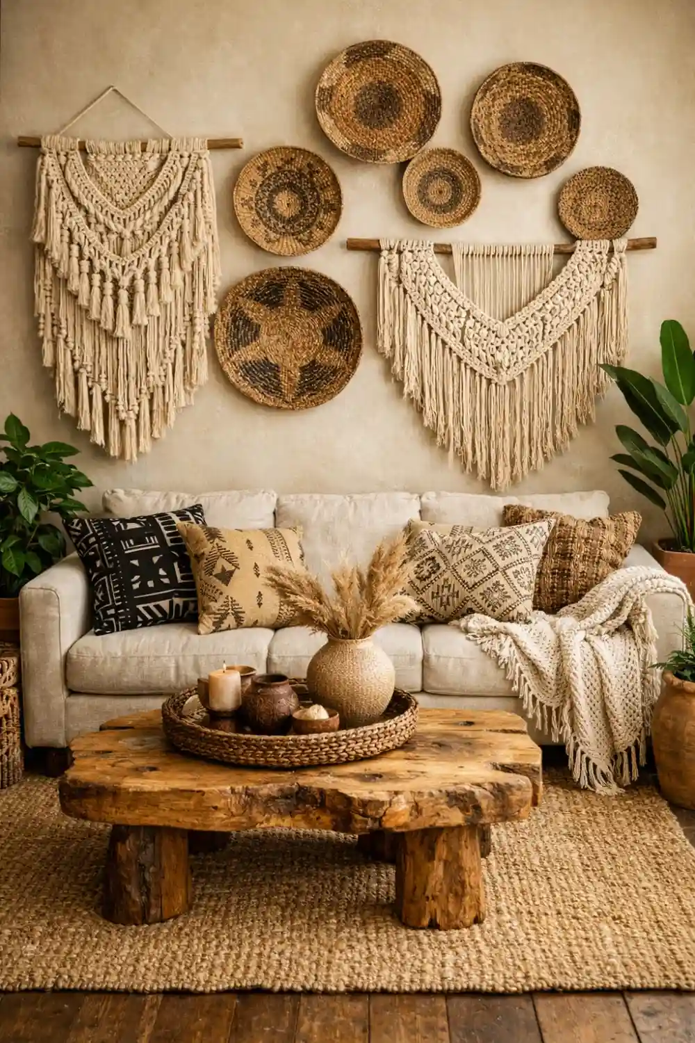 Afrohemian living room with macrame wall hangings, woven baskets decor and rustic wood coffee table