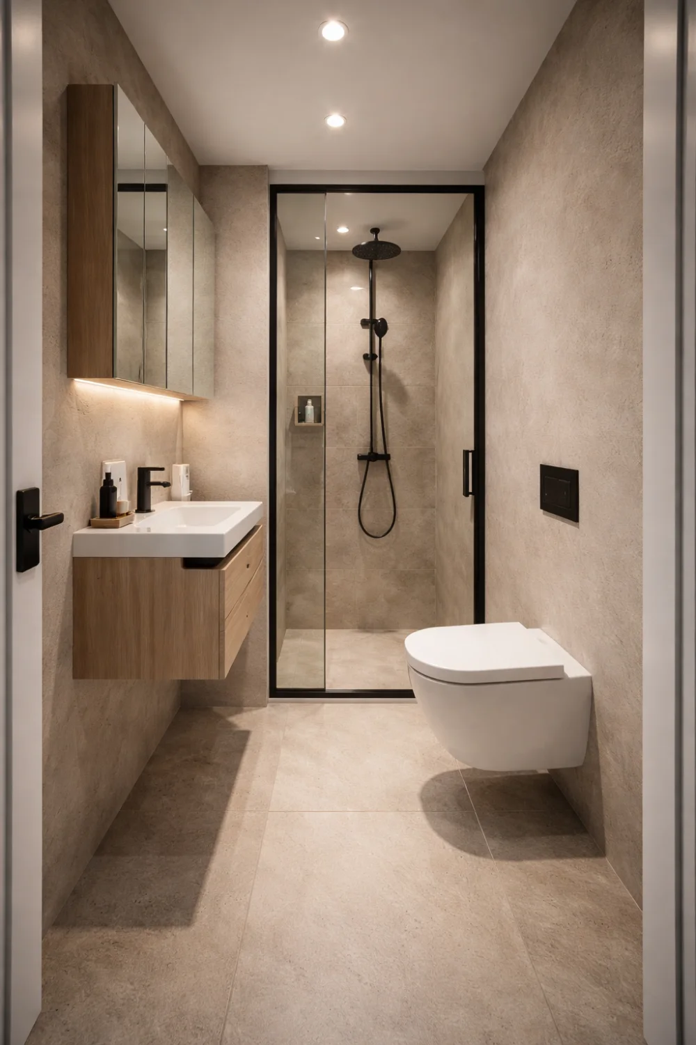 narrow bathroom layout floating vanity glass shower modern small space