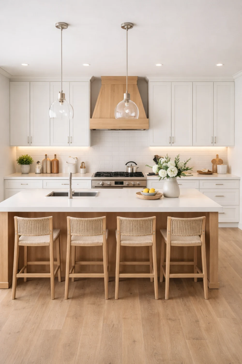 bright minimal farmhouse kitchen white cabinets wood island airy design
