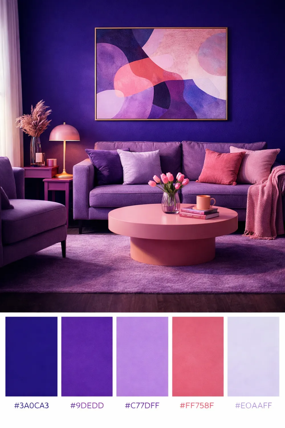ocean sunset violet color palette purple living room modern coastal decor inspiration