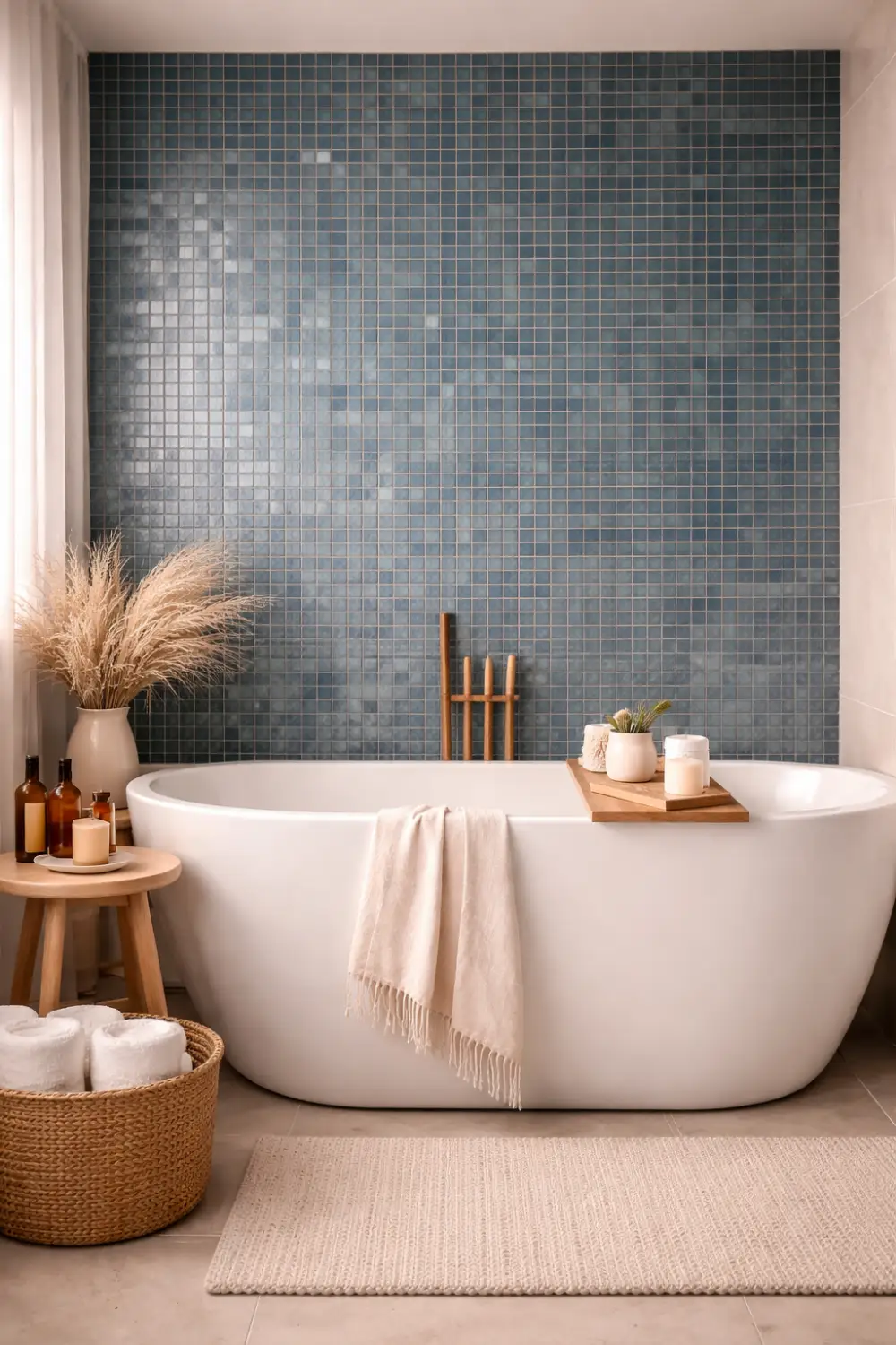blue mosaic tile bathroom accent wall behind freestanding bathtub modern spa bathroom design