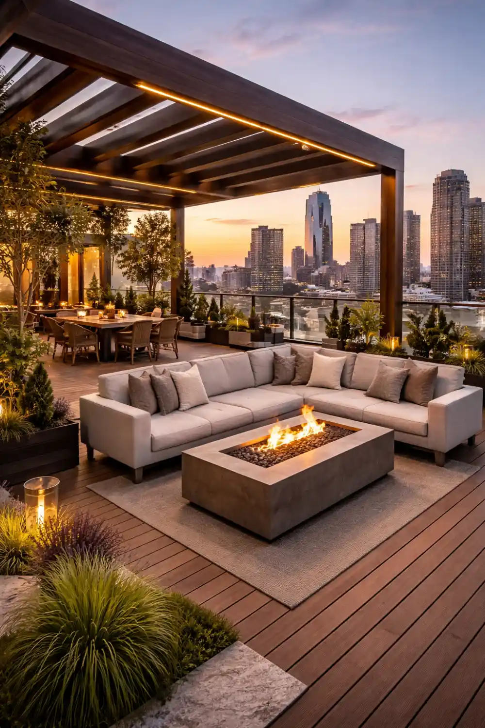 modern rooftop outdoor living terrace with city skyline view, fire table seating and pergola design