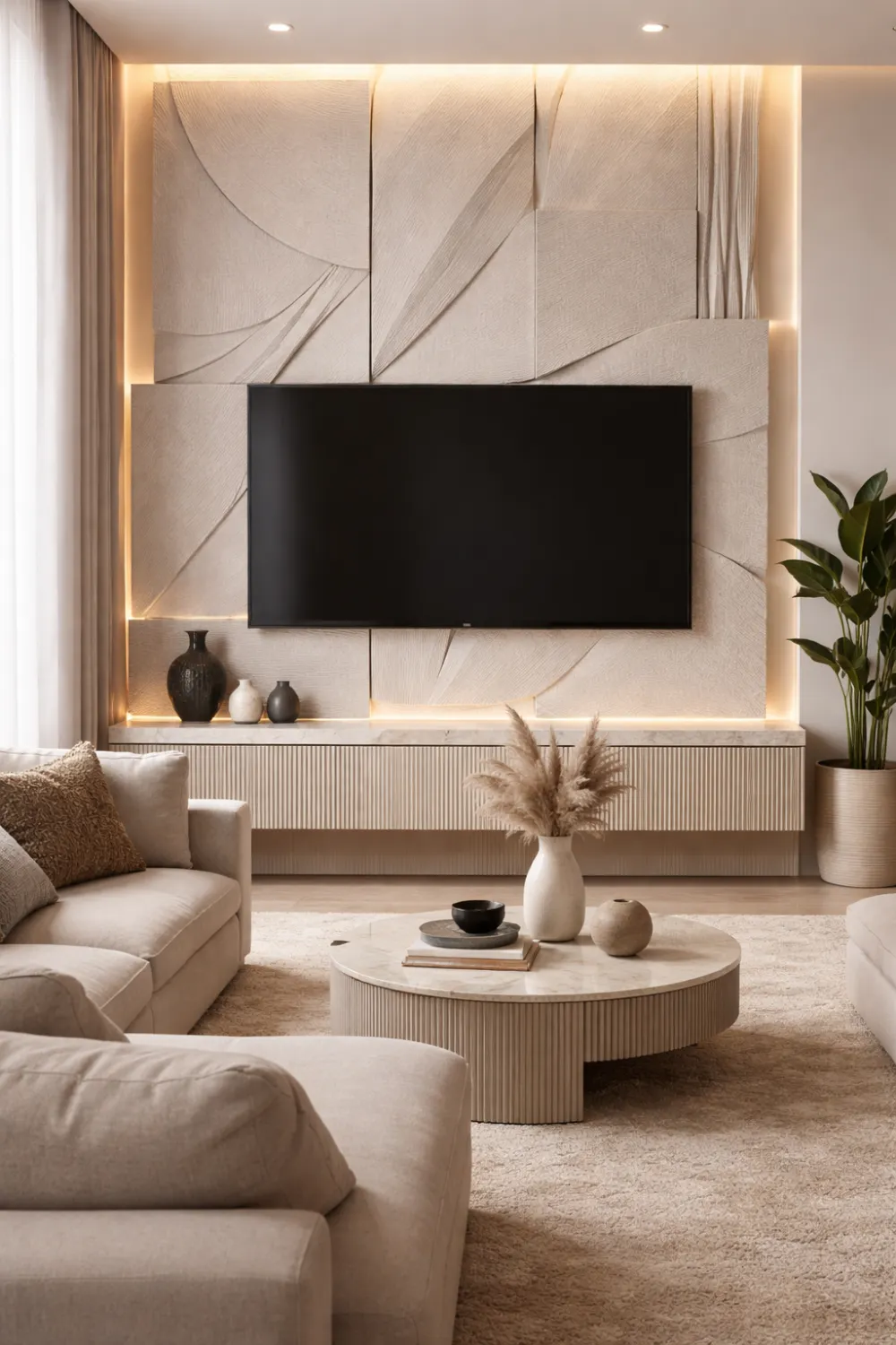 Textured artistic panel TV wall with LED backlighting and floating cabinet creating a luxury modern living room