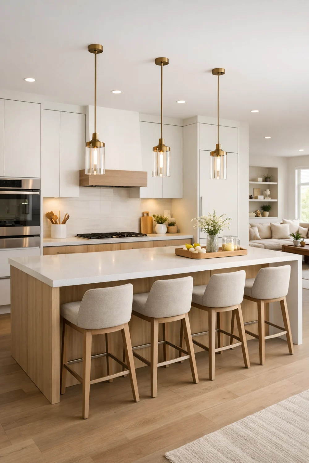 Bright open concept kitchen with white cabinets, wood island and modern pendant lighting