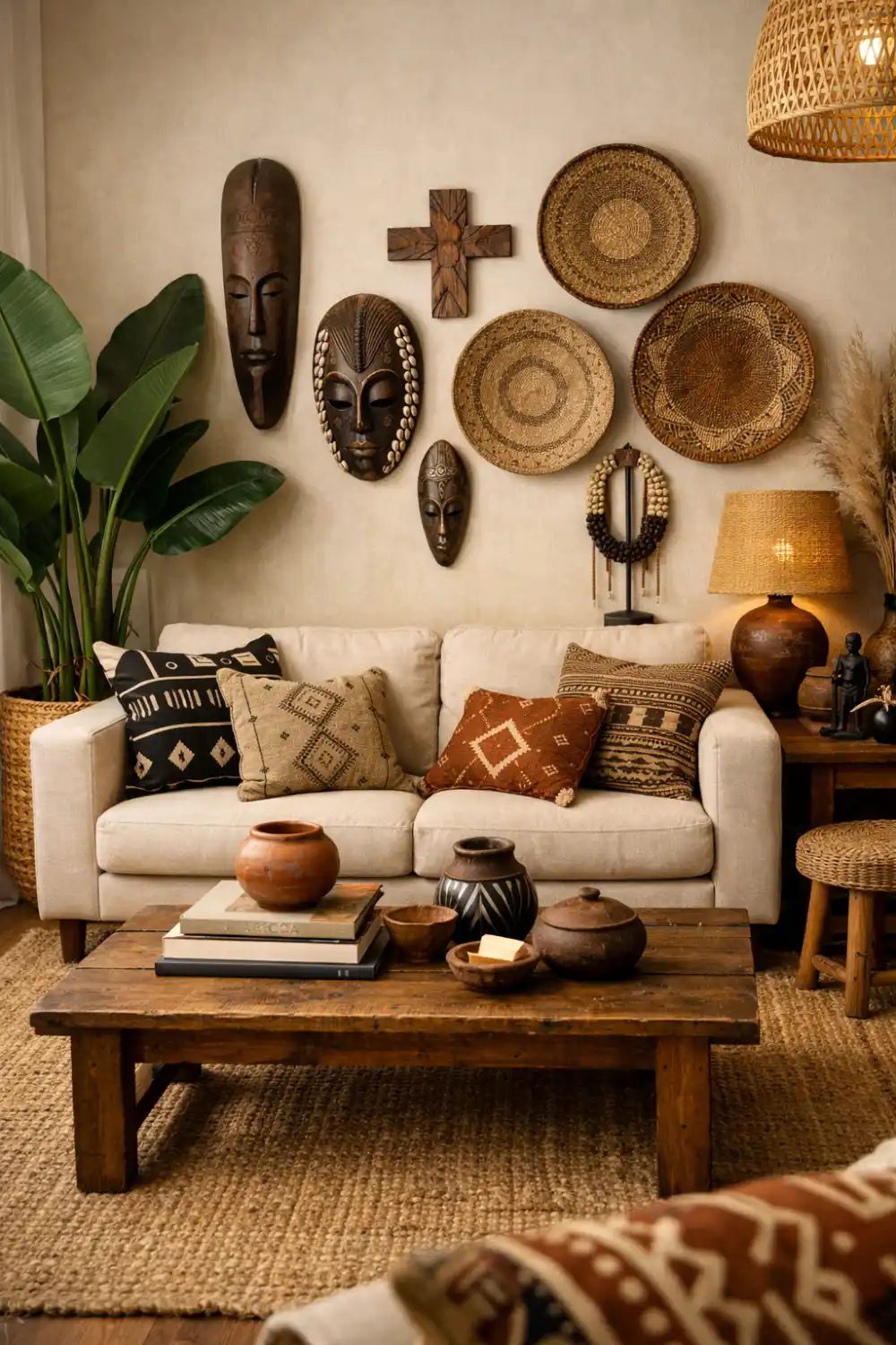 Afrohemian living room with African masks, basket wall decor and earthy boho living room styling