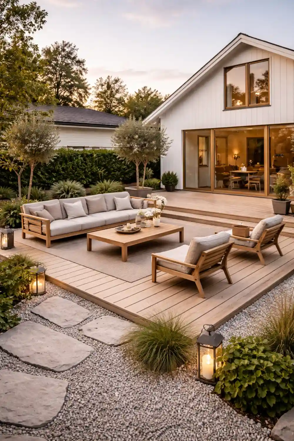 scandinavian backyard patio with light wood furniture, minimalist outdoor seating and modern garden design