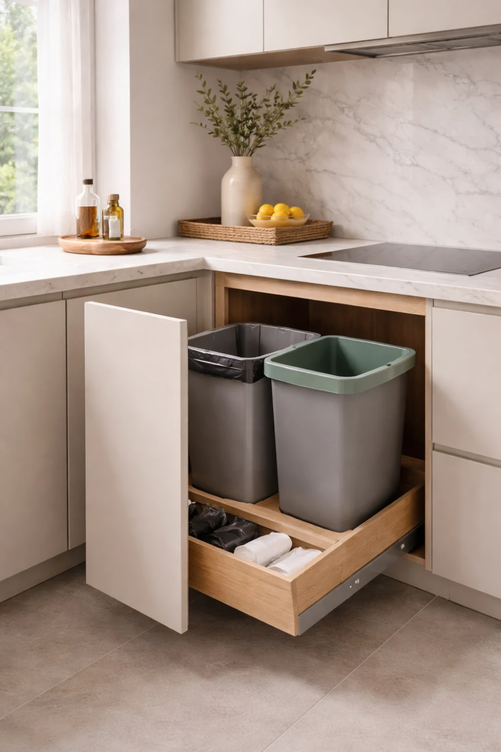 Pull out kitchen trash cabinet with hidden recycling and waste bins inside a modern beige kitchen.