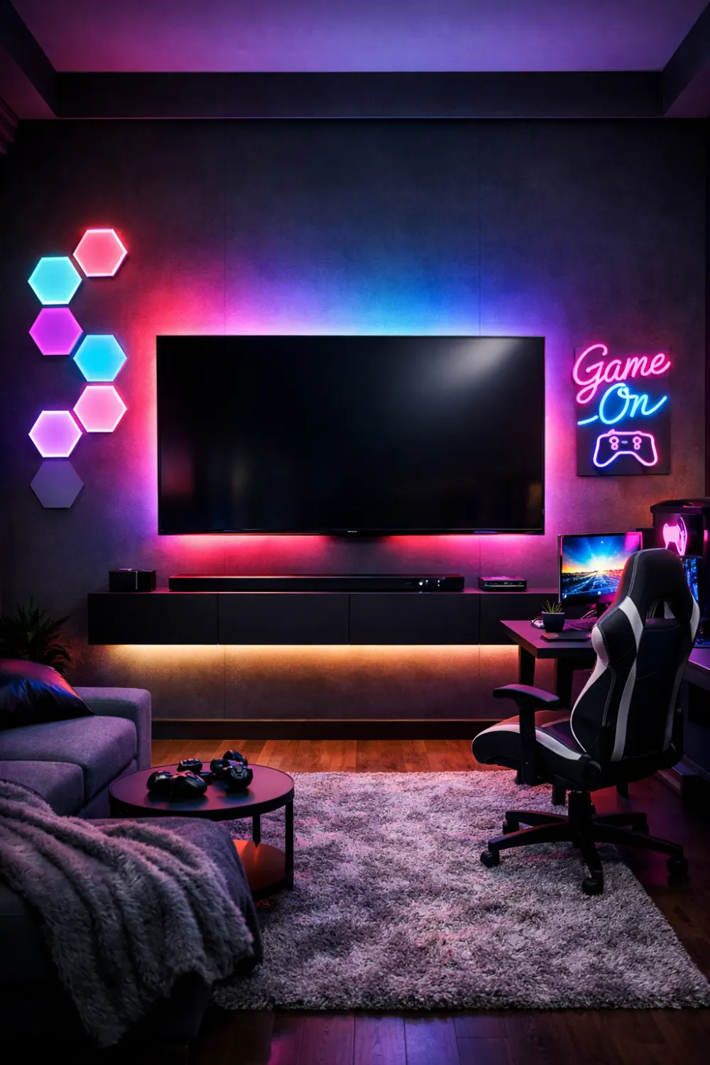 RGB gaming LED TV wall with neon lighting and gaming setup creating a futuristic entertainment room design