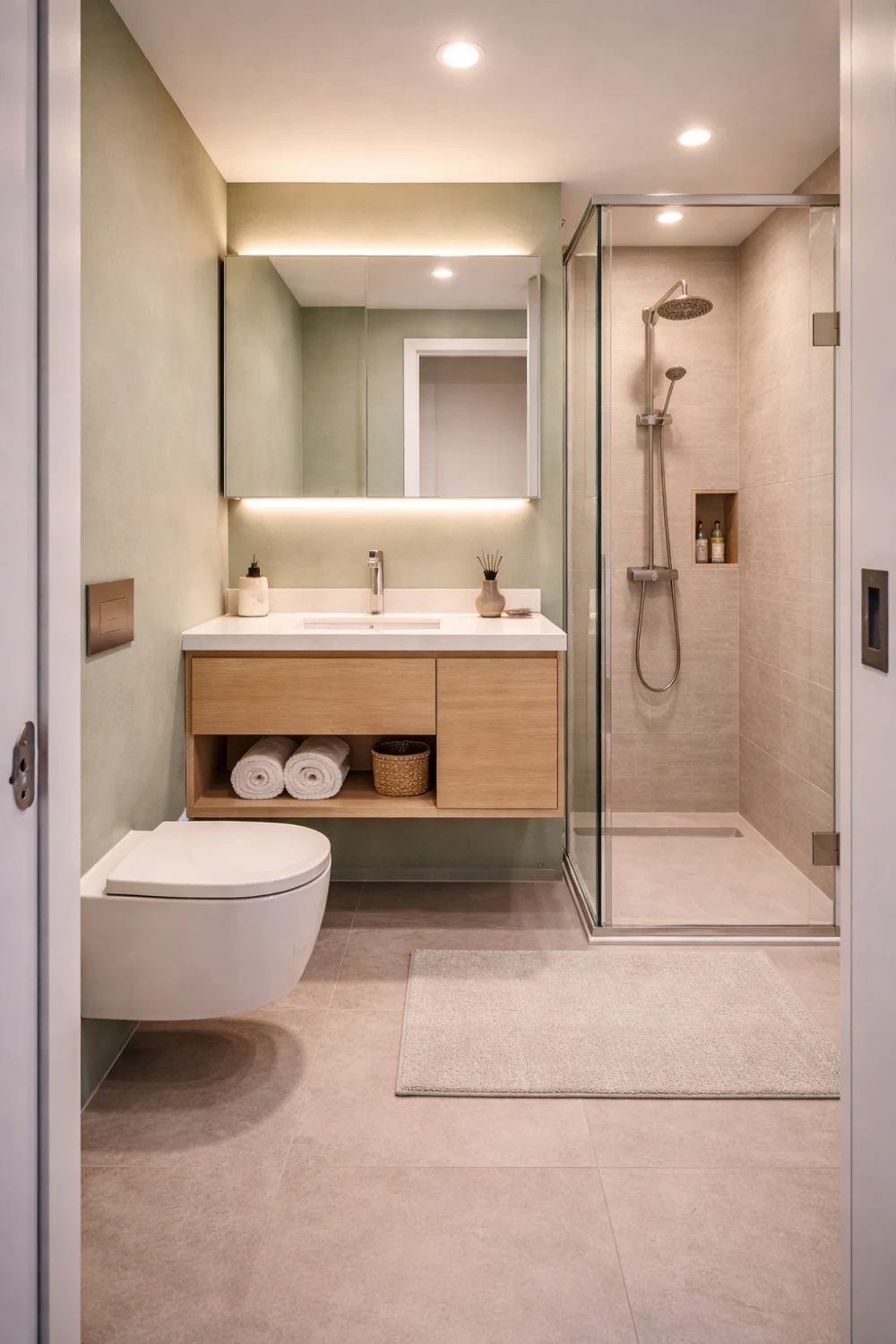 soft green bathroom floating vanity glass shower modern small bathroom