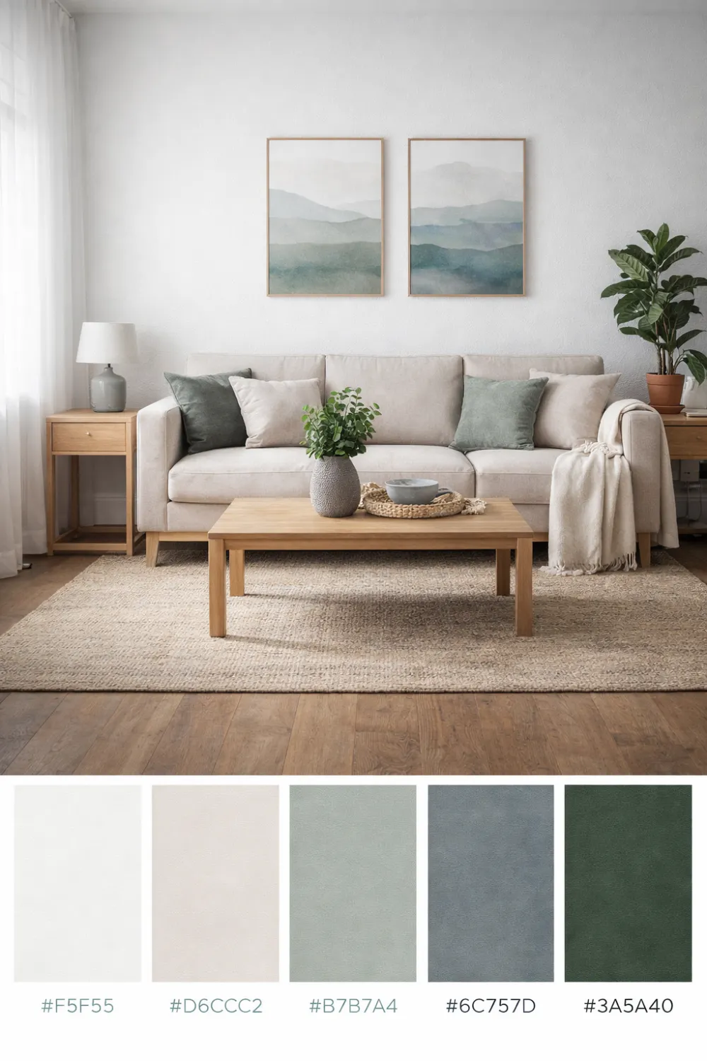 driftwood coastal color palette neutral green living room beach house decor inspiration