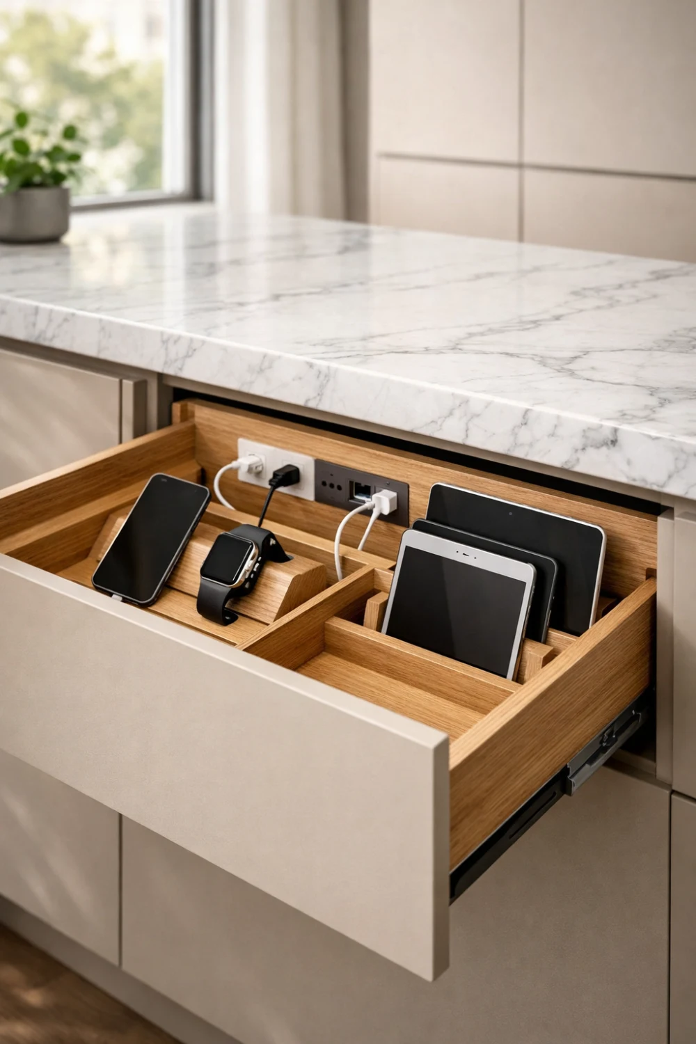 Hidden charging drawer inside a modern kitchen storing phones, tablets, and cables with built in power outlets.